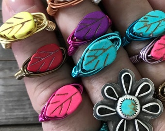 Leaf Ring Boho Accessory Wire Wrap Jewelry Carved Stone Leaf Garden Plants Nature Lover Tree Hugger Fall Autumn Woodland Seconds NOT PERFECT