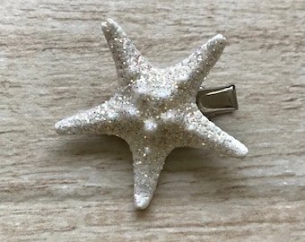 Starfish Hair Clip White Iridescent Glitter Ocean Summer Beach Wedding Mermaid Costume Halloween Hawaii Luau Tropical Music Festival Small