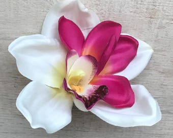 Orchid Plumeria Hair Clip Large Cream White Fuchsia Flower Cymbidium Mermaid Costume Pin Up Beach Wedding Tropical Hawaii Luau Music Fest
