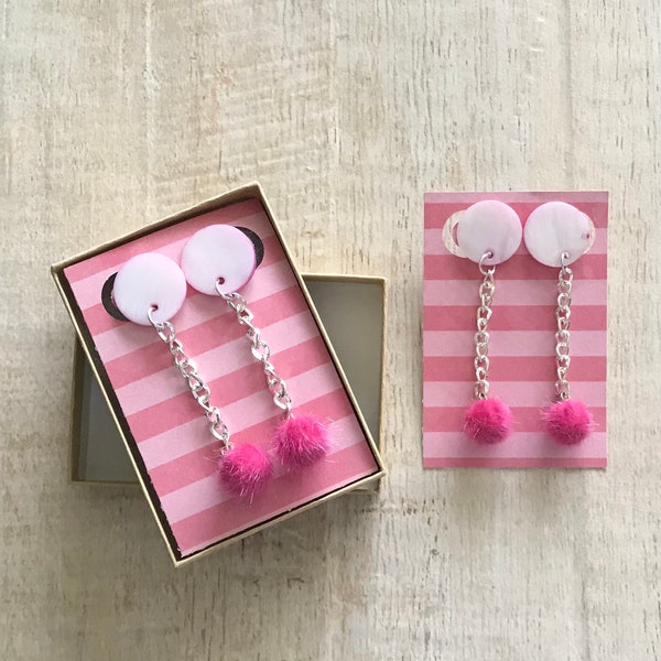 Pink Pom Pom Dangle Earrings Fuzzy Fun Jewelry Shell Silver Plated Chain Retro Fashion Preteen Teen Adult BFF Girlfriend Valentine Day Gift