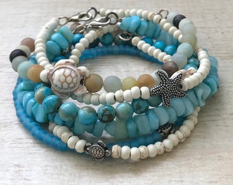Beach Stackable Bracelets Shell Stone Starfish Sea Turtle Honu Ocean Blue Sea Mermaid Surfer Girl Nature Girlfriend Wife Mother Boho Gift