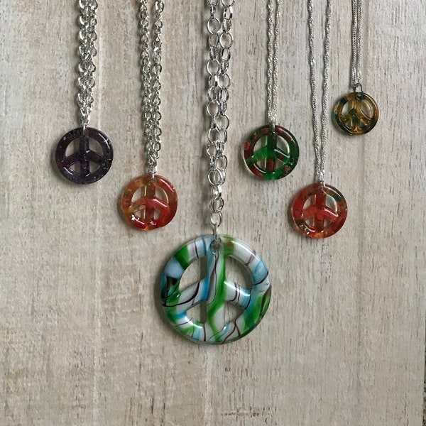 Peace Sign Necklace, Glass Pendant, Boho Hippie Costume Rock Concert Music Fest Love Happiness Retro Preteen Teen Adult BFF Best Friend Gift