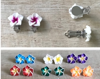 Plumeria Flower Earrings CLIP-ON Fragipani Tropical Island Hawaii Luau Party Spring Summer Wedding Mom Daughter Gift Hula Girl Cute Photo