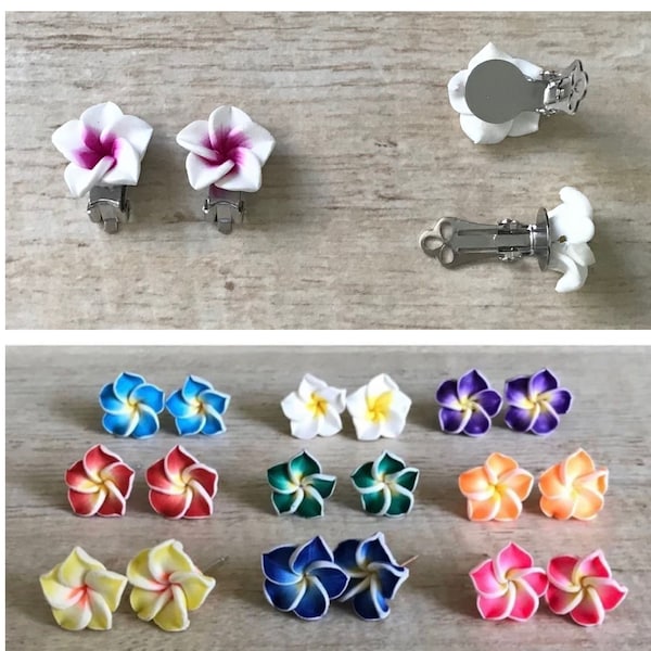 Plumeria Flower Earrings CLIP-ON Fragipani Tropical Island Hawaii Luau Party Spring Summer Wedding Mom Daughter Gift Hula Girl Cute Photo