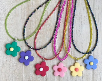 Flower Power Necklace Seed Bead Boho Hippie Costume Rock Concert Music Festival Love Retro Y2K VSCO Preteen Teen Adult BFF Best Friend Gift