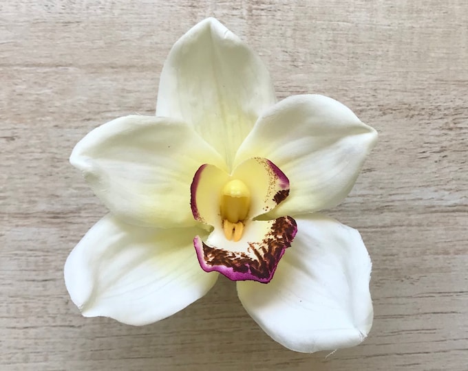 Orchid Hair Clip Large Cream White Silk Flower Cymbidium Mermaid Costume Pin Up Surfer Girl Beach Wedding Tropical Hawaii Luau Music Fest