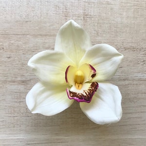 Orchid Hair Clip Large White Silk Flower Cymbidium Hippie Mermaid Costume Pin Up Surfer Girl Beach Wedding Tropical Hawaii Luau Music Fest