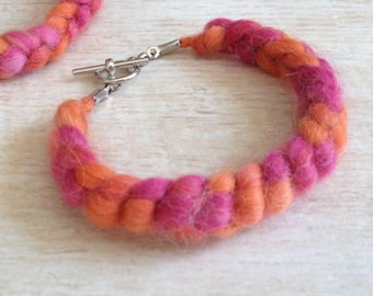 Friendship Bracelet Crochet Orange Pink Fun Fuzzy Funky Wool Yarn Music Festival Preteen Teen BFF Gift Boho Hippie Birthday Party Favor