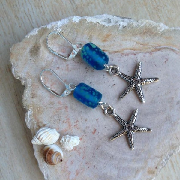 Starfish Earrings Beach Jewelry Wedding Ocean Seashore Blue Green Glass Bead Surfer Girl Mermaid Costume Hawaiian Luau Tropical Gift for Her