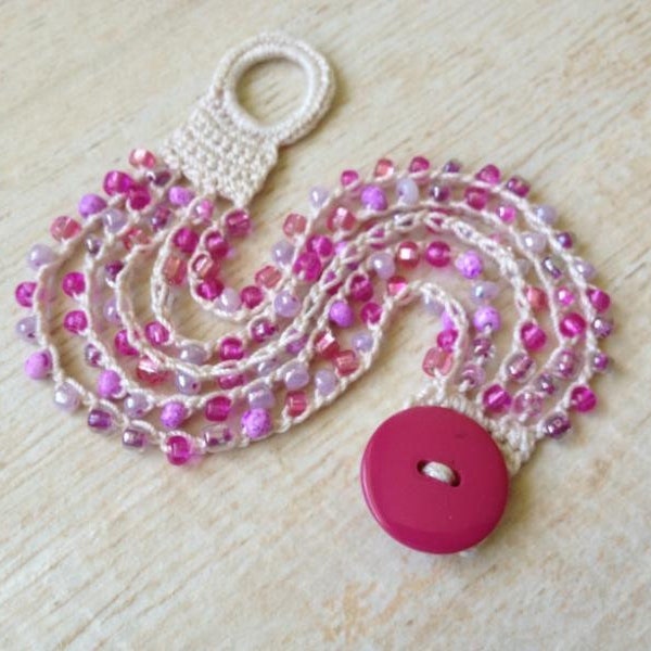 Crochet Beaded Bracelet Pink Glass Beads Button Cotton Thread Beach Ocean Jewelry Boho Hippie Gypsy Summer Music Festival Fun Gift for Her