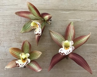 Orchid Flower Hair Clip Burgundy Green Tropical Hawaii Luau Tiki Party Hippie Costume Rockabilly Boho Pin Up Girl Surf Summer Beach Wedding