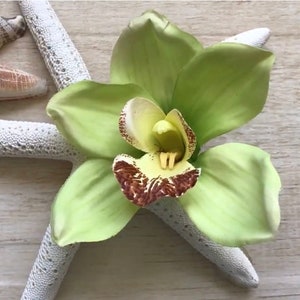 Orchid Hair Clip Large Green Silk Flower Cymbidium Hippie Mermaid Costume Pin Up Surfer Girl Beach Wedding Tropical Hawaiian Tiki Luau Fest