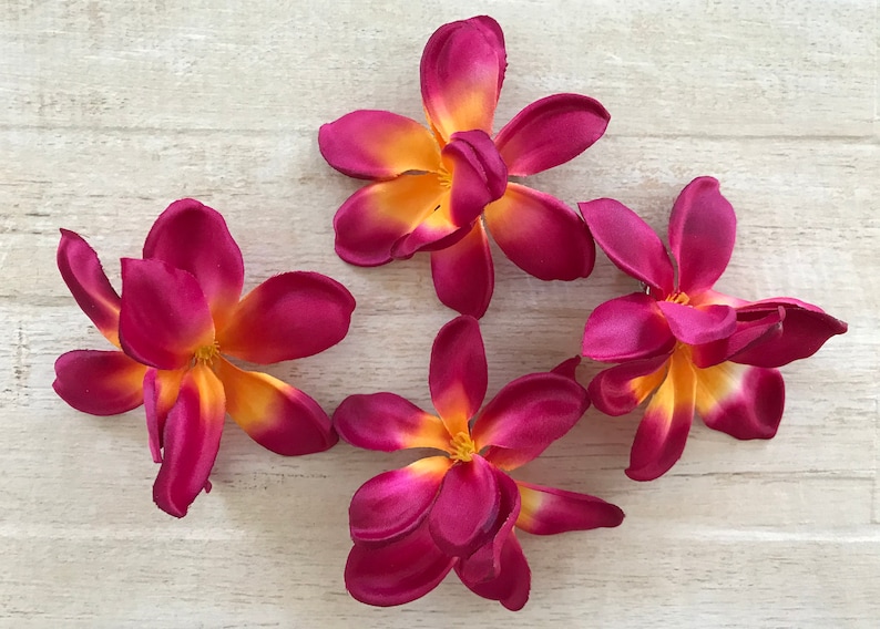 May include: Four artificial plumeria flowers with pink petals and yellow centers. The flowers are arranged on a light wood surface.