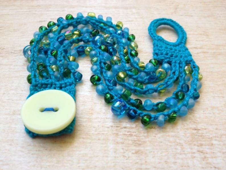 Crochet Beaded Bracelet Turquoise Blue Green Glass Beads Button Beach Ocean Jewelry Gypsy Boho Hippie Summer Music Festival Surfer Girl