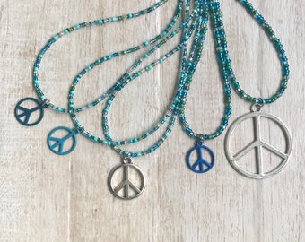 Peace Sign Hippie Necklace Seed Bead Boho Concert Music Fest Love Happiness Preteen Teen Adult Groovy Chick Gift Retro Costume Flower Child