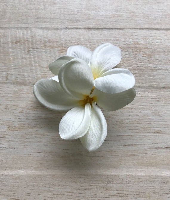 Plumeria Hair Clip Two Frangipani White Realistic Silk Flower Mermaid Costume Pin Up Surfer Girl Beach Wedding Tropical Hawaii Luau Festival