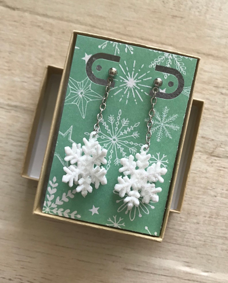 Snowflake Dangle Earrings Sparkly Snow Glitter Holiday Christmas Jewelry Retro Fashion Teen Adult BFF Gift Office Secret Santa Exchange 