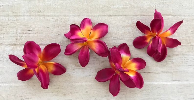 Plumeria Hair Clip Frangipani Flower Fuchsia Orange Hippie Mermaid Costume Pin Up Surfer Girl Beach Wedding Tropical Hawaii Luau Festival image 3