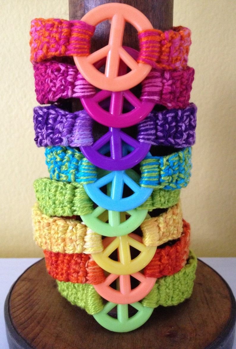 Peace Sign Bracelet Hippie Costume Preteen Teen Adult Birthday Party Favor Crochet Friendship BFF Gift Music Festival Love Happiness Retro