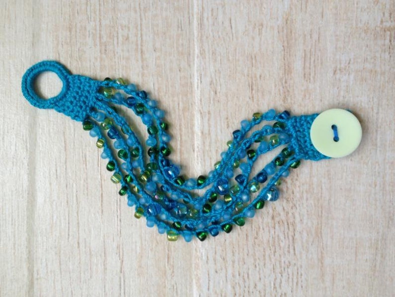 Crochet Beaded Bracelet Turquoise Blue Green Glass Beads Button Beach Ocean Jewelry Gypsy Boho Hippie Summer Music Festival Surfer Girl