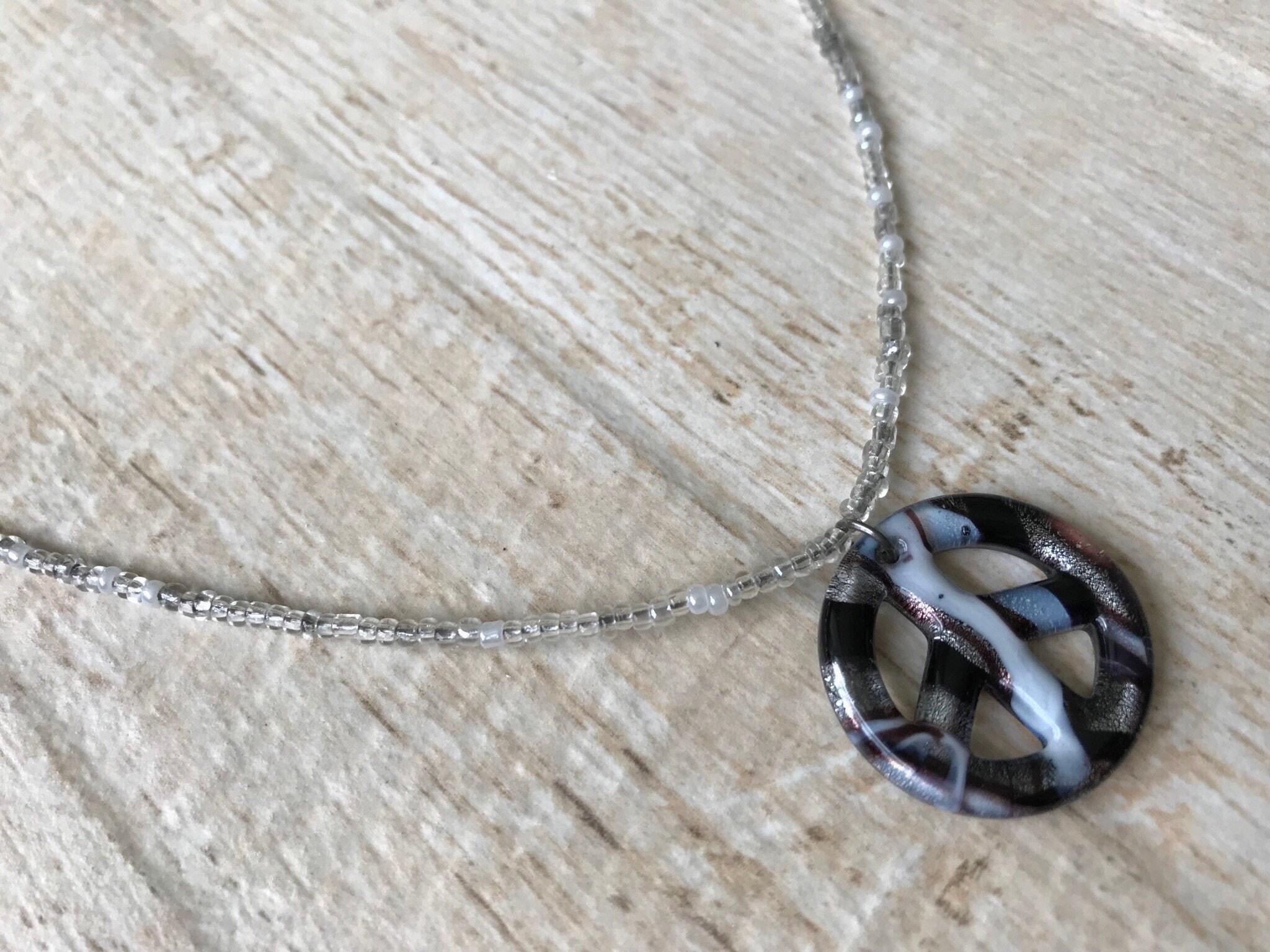 Black Wax Chain Rainbow American Necklace Earrings Hippie Peace Tie Dye Tie Die Glass Cabochon Peace Sign Necklace and Earring Set