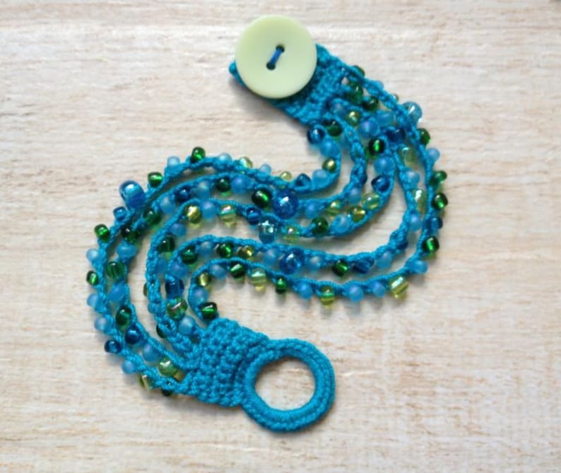 Crochet Beaded Bracelet Turquoise Blue Green Glass Beads Button Beach Ocean Jewelry Gypsy Boho Hippie Summer Music Festival Surfer Girl