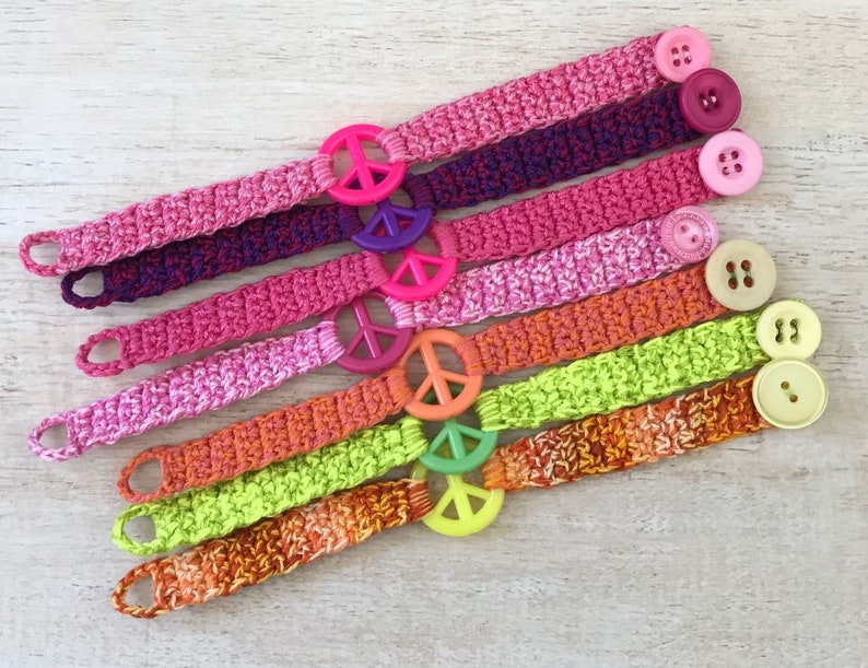 Peace Sign Bracelet Hippie Costume Preteen Teen Adult Birthday Party Favor Crochet Friendship BFF Gift Music Festival Love Happiness Retro