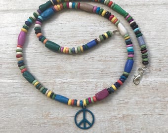 Peace Sign Necklace Beaded Boho Concert Music Fest Love Happiness Preteen Teen Adult Groovy Chick Gift Retro Hippie Costume Flower Child