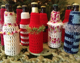 Ugly Christmas Sweater Beer Bottle Cover Tacky Holiday Office Party Favor Crochet Drink Holder Hugger Decor Hostess Gift White Elephant