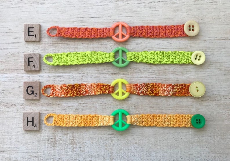 Peace Sign Bracelet Hippie Costume Preteen Teen Adult Birthday Party Favor Crochet Friendship BFF Gift Music Festival Love Happiness Retro