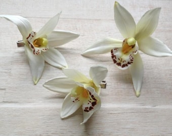 Flower Hair Clip Orchid Cream White Yellow Hippie Mermaid Costume Pin Up Surfer Girl Beach Outdoor Wedding Tropical Hawaiian Luau Music Fest