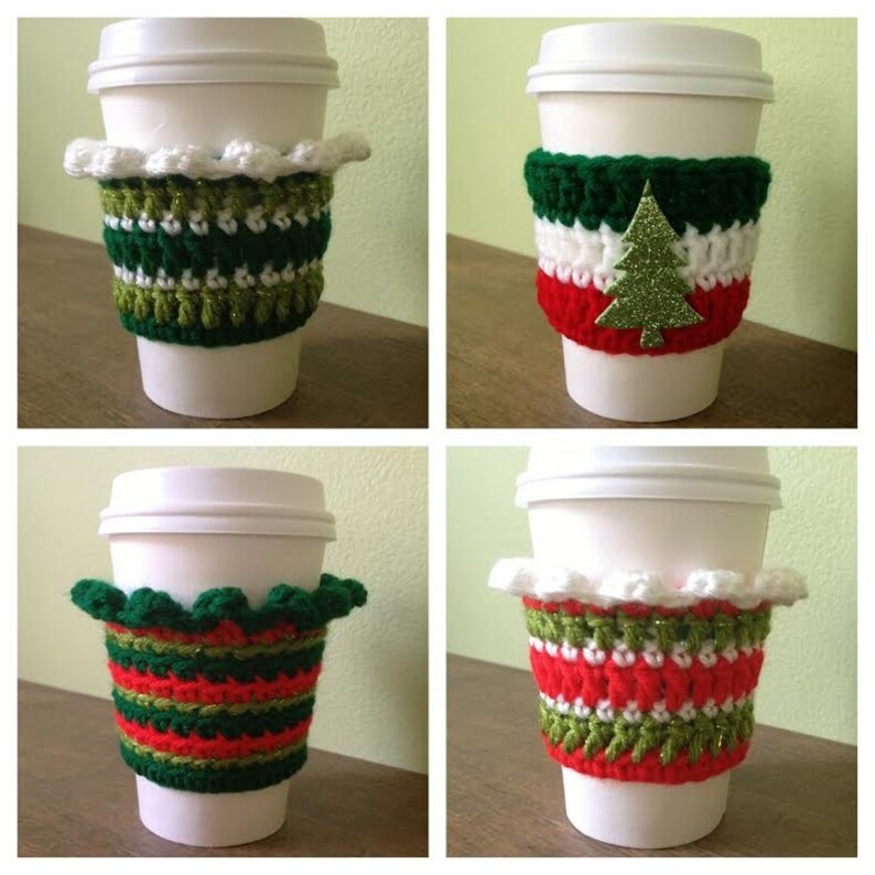 May include: Four crocheted coffee cup cozies in different Christmas designs. The cozies are green, red, and white with a white crocheted trim. One cozy features a green Christmas tree with glitter.