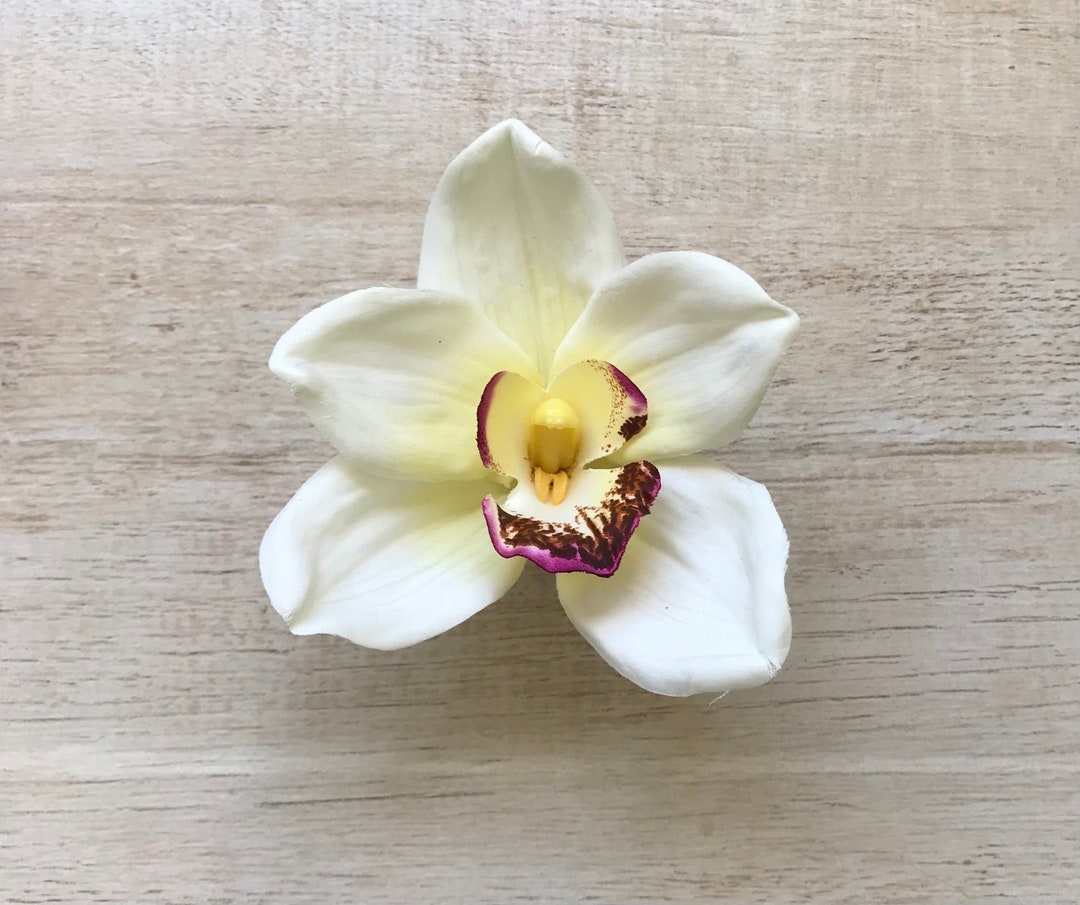 Orchid Hair Clip Large Cream White Silk Flower Cymbidium Mermaid Costume Pin up Surfer Girl ...
