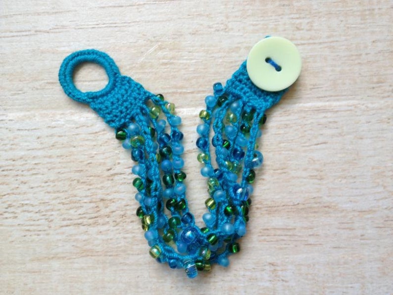 Crochet Beaded Bracelet Turquoise Blue Green Glass Beads Button Beach Ocean Jewelry Gypsy Boho Hippie Summer Music Festival Surfer Girl