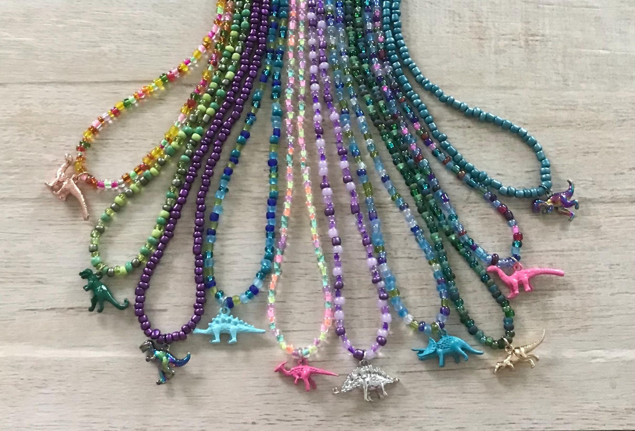 Dinosaur Necklace Tyrannosaurus Brontosaurus Stegosaurus Seed Bead Kitsch Hippie Fun Retro Preteen Teen Adult BFF Best Friend Gift