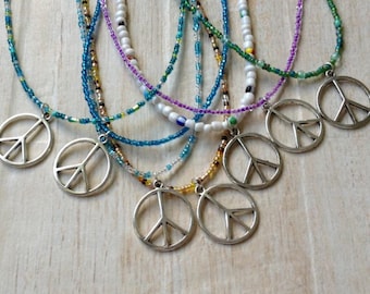 Peace Sign Necklace Seed Bead Boho Hippie Costume Rock Concert Music Festival Love Happiness Retro Preteen Teen Adult BFF Best Friend Gift