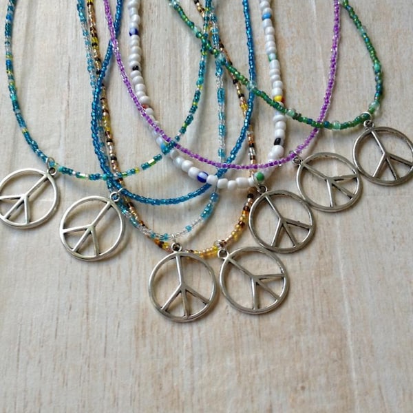 Peace Sign Necklace Seed Bead Boho Hippie Costume Rock Concert Music Festival Love Happiness Retro Preteen Teen Adult BFF Best Friend Gift