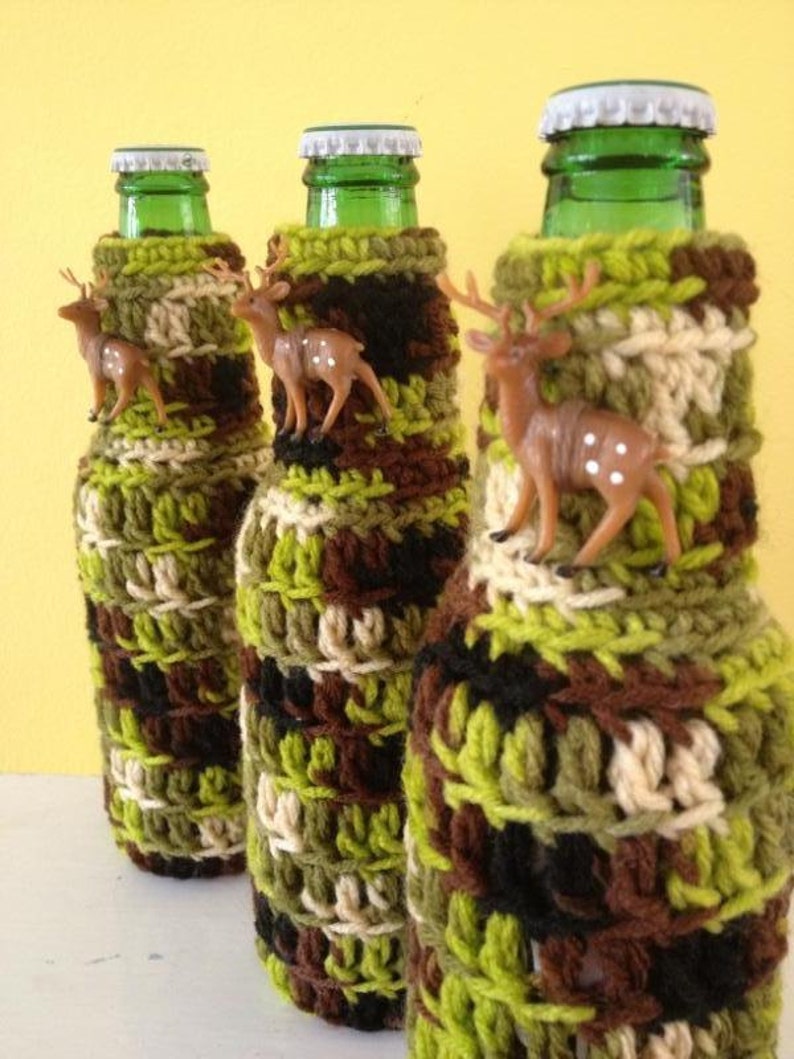 Camo Beer Bottle Cover Ugly Christmas Tacky Sweater Party Favor Drink Holder Deer Camp Outdoor Mountain Hunter Man Cave White Elephant Gift image 1