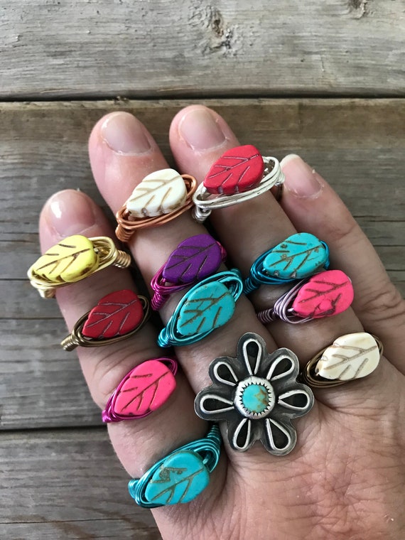 Wire Wrapped Leaf Ring Boho Hippie Carved Stone Garden Plants Nature Lover Tree Hugger Fall Autumn Woodland Wife Girlfriend BFF Gift