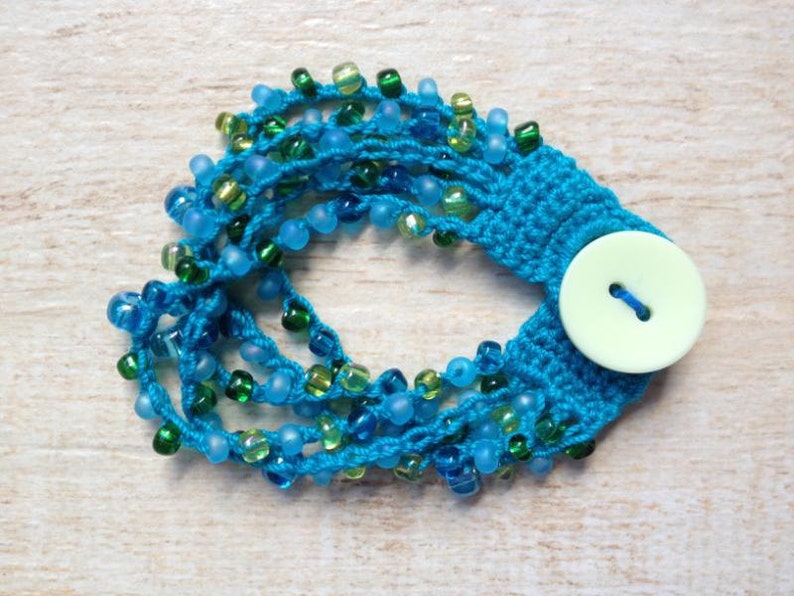 Crochet Beaded Bracelet Turquoise Blue Green Glass Beads Button Beach Ocean Jewelry Gypsy Boho Hippie Summer Music Festival Surfer Girl
