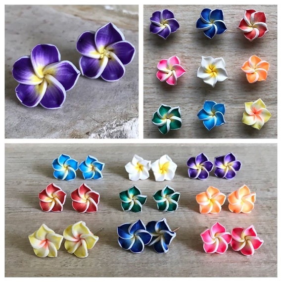 Tropical Flower Earrings – Pink & Yellow Plumeria, Fimo Polymer Clay, Hawaii Jewelry, Hawaiian Gifts