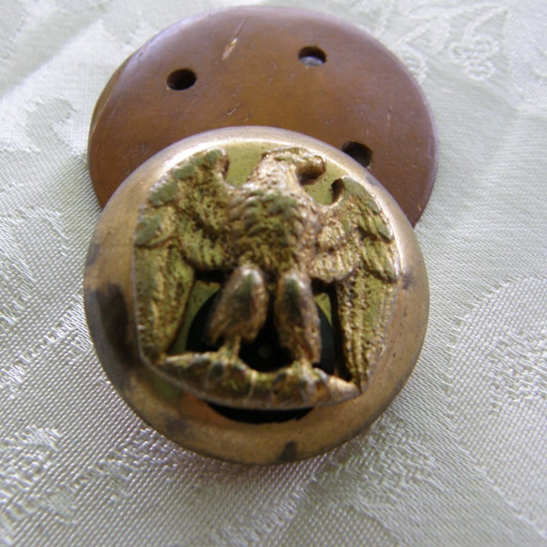 Vintage brass antique round shank button, relief with an eagle, collectible button (8p/28-k1)