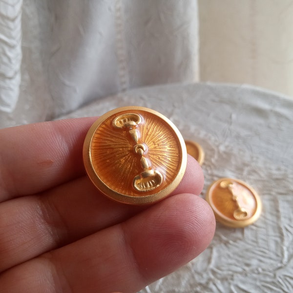 6 gorgeous brass and enamel round buttons, large gold orange enamel buttons, decorated buttons, scarf buttons, ring buttons, matching (kom2