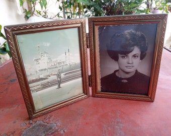 Vintage brass picture frame, double picture frame, child's frame, wedding photo frame, nursery decor, standing frame (kom3)