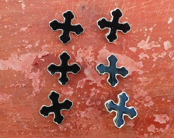 6 large metal and enamel cross buttons, large black cross shank steam punk buttons, black cross buttons, coptic cross (65-kr1)
