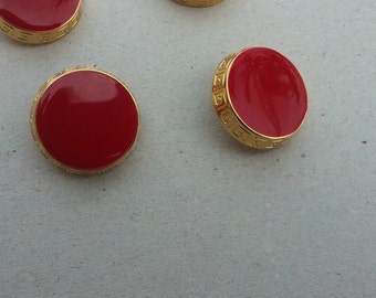 6 brass and red enamel round buttons, large gold and red buttons, decorated buttons, meander buttons, ring buttons, scarf buttons (65-kre2)