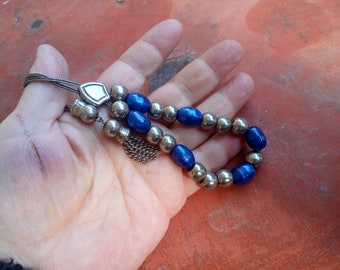 Vintage comboloi, Greek compoloi, worry beads, royal blue beads, silver chain, souvenir of Greece, royal blue silver beads (kom2)