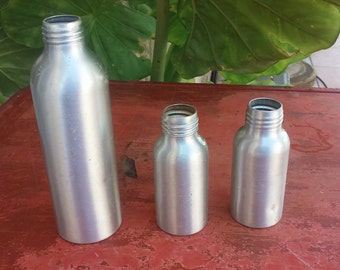 3 vintage aluminum bottles, industrial decor, vintage bottle collection, vase bottles, metal bottles, oldies but goodies (48)