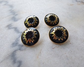 set of 4 brass and enamel round buttons, large gold/black enamel buttons, decorated button, gold black buttons, scarf buttons, matching (ko1