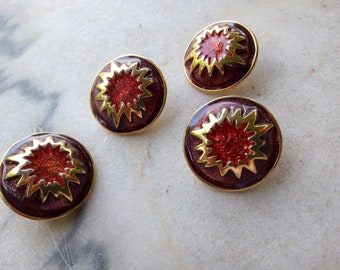 set of 4 brass and enamel round buttons, large gold/red enamel buttons, decorated button, gold red buttons, scarf buttons, matching (kom1)